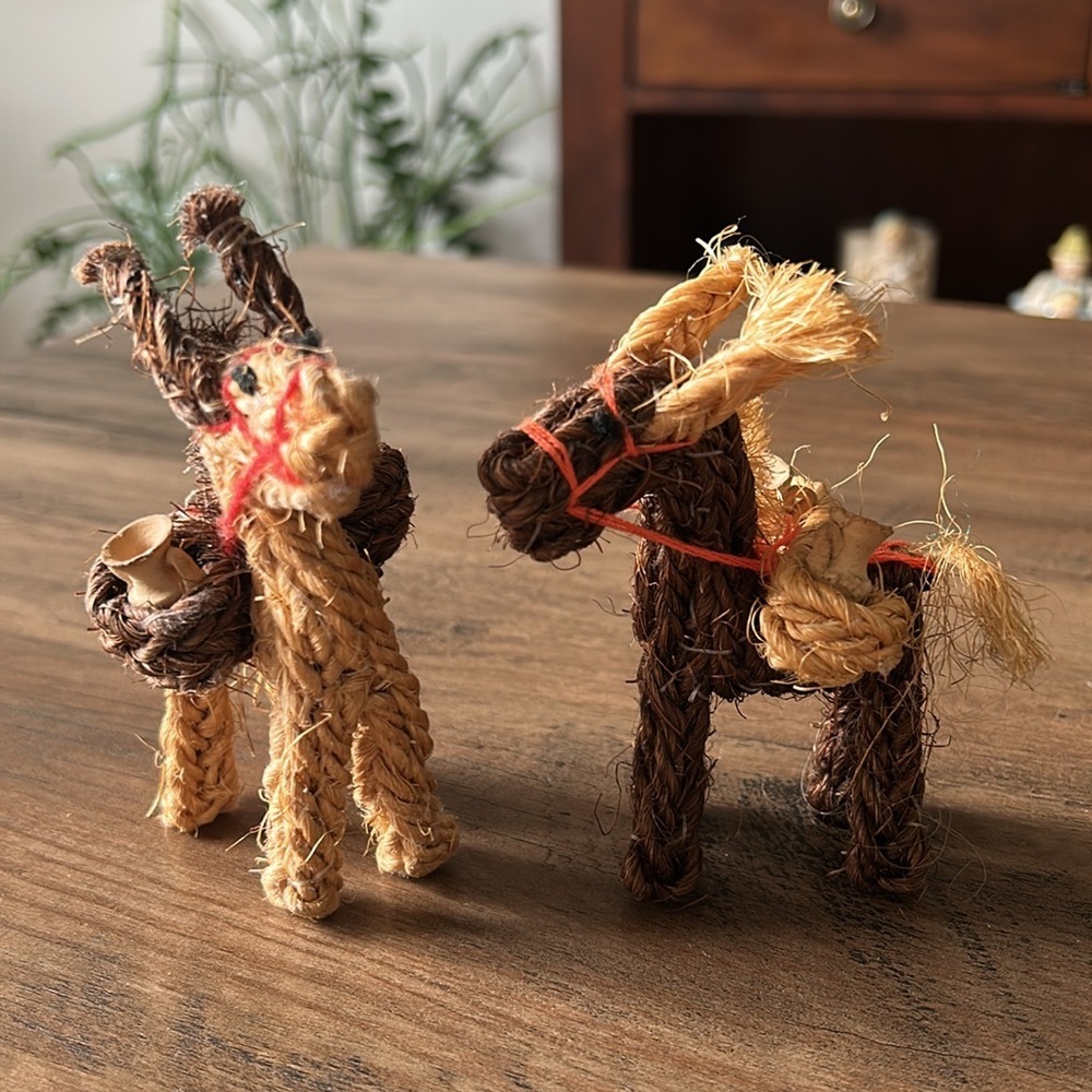 Set of 2 1960s Vintage Mexican Woven Straw Donkey Burro with Clay Pots- Mule